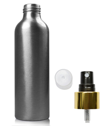 150ml Brushed Aluminium Bottle With Gold & Black Atomiser Spray