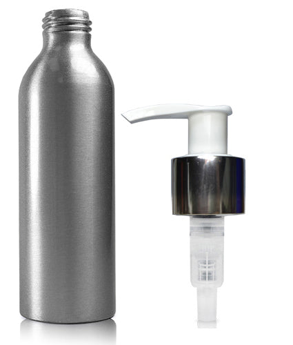 150ml Aluminium Bottle With Premium White & Silver Lotion Pump