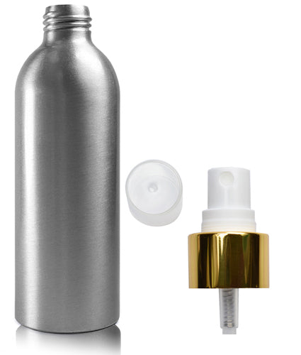 200ml Aluminium Bottle With White & Gold Atomiser Spray