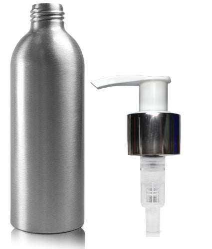 200ml Aluminium Bottle With White & Silver Lotion Pump