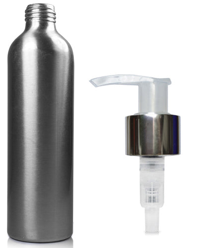 250ml Brushed Aluminium Bottle With Premium Natural/Silver Lotion Pump