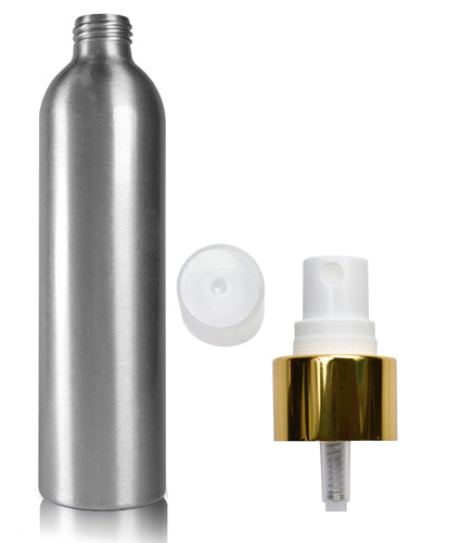 300ml Aluminium Bottle With White & Gold Atomiser Spray