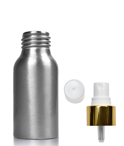 50ml Brushed Aluminium Bottle With Gold & White Atomiser Spray